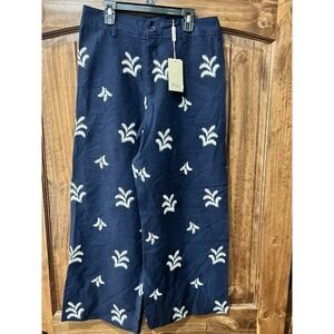 Elie Tahari Size 8 Linen Embroidered Trousers Pants Wide Leg Navy Tropical Fern